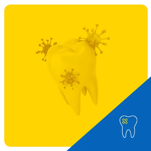 3D graphic of a tooth with multiple protruding bacteria, set against a yellow background, representing tooth infection or decay