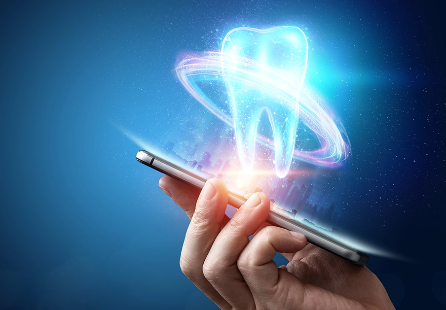 3D illustration showing a dental implant next to natural teeth, highlighting the implant structure and gum integration.