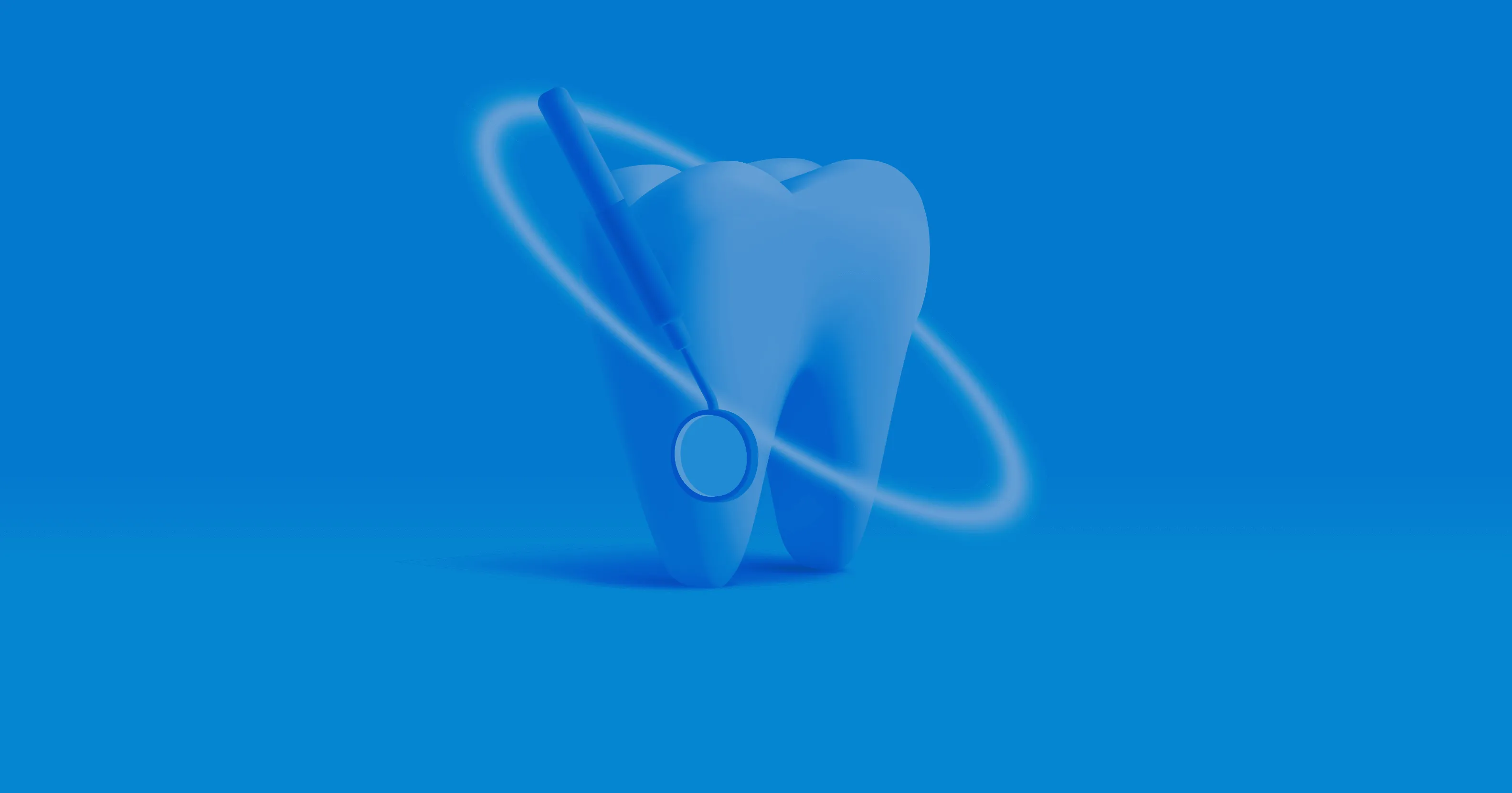 3D graphic of a blue tooth surrounded by swirling dental tools, symbolizing dynamic dental care on a vibrant blue background.