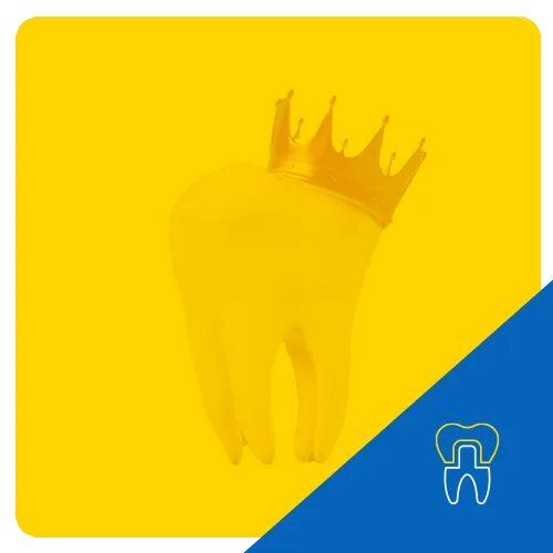 3D graphic of a tooth with a crown, depicted with a royal crown on top, set against a yellow background to signify dental crown procedures.